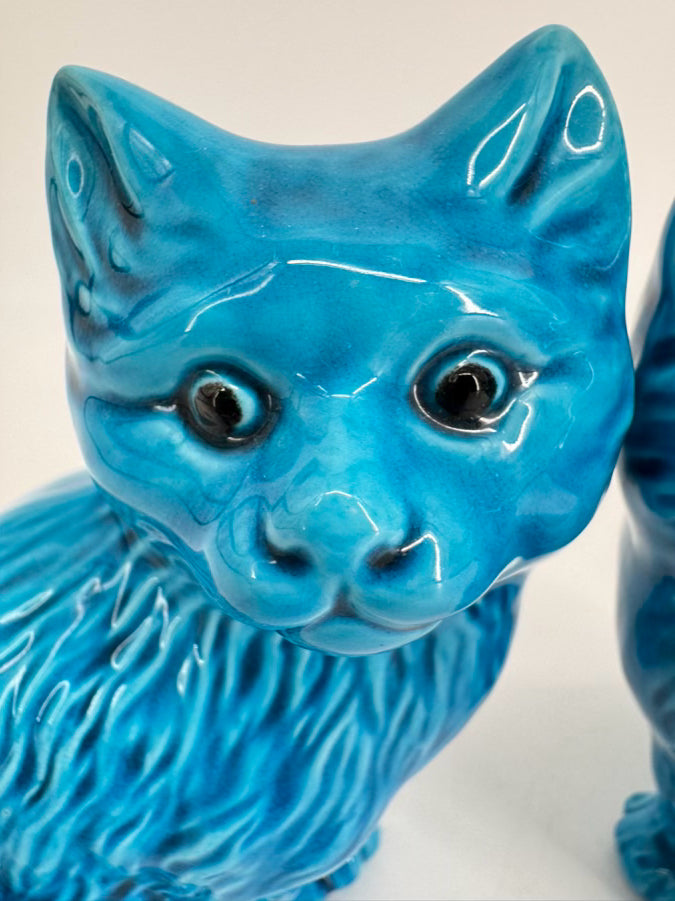 VINTAGE Blue Ceramic Pair of Cat Figurines