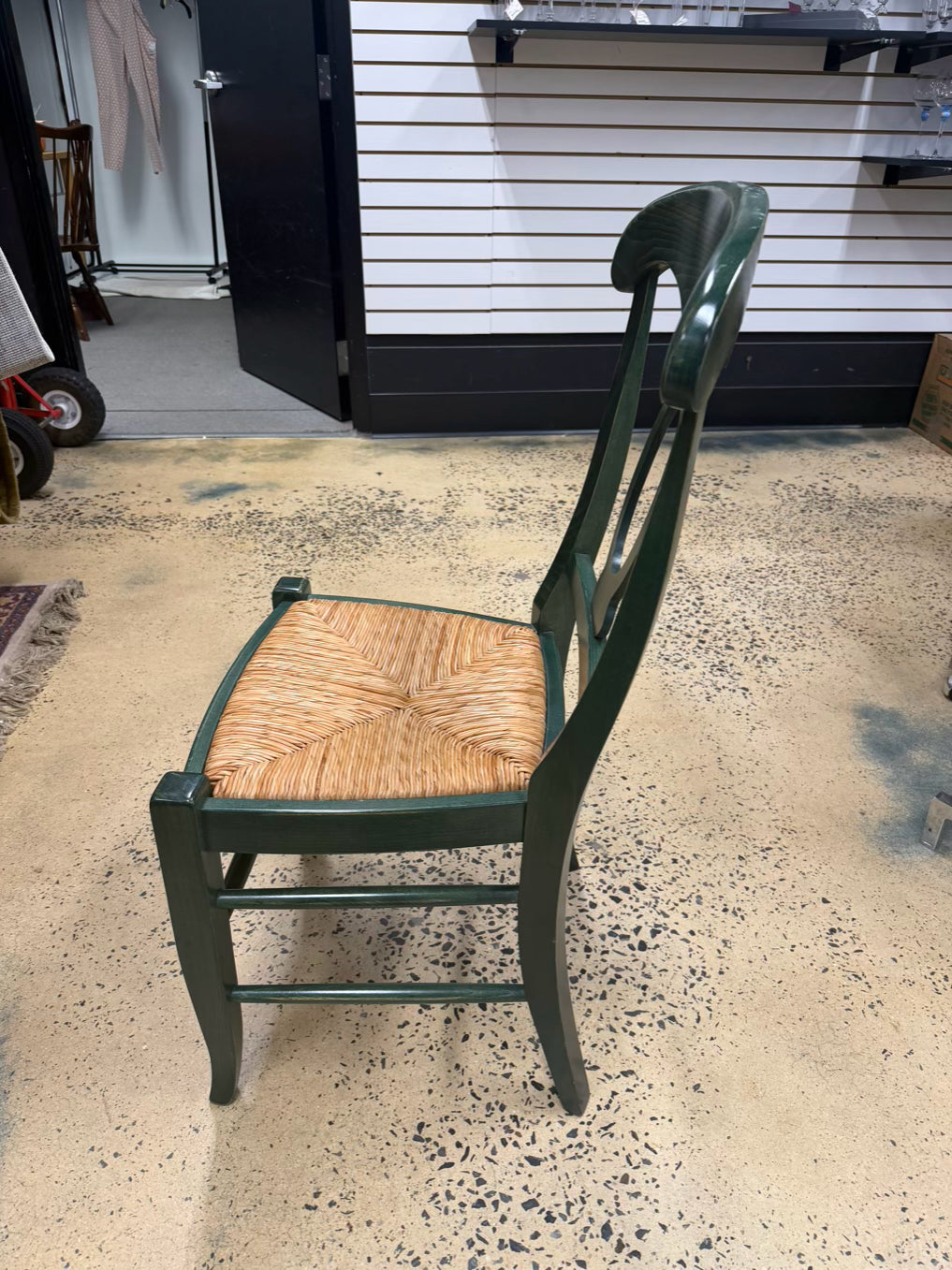 POTTERY BARN Green Wood Set of 4 Chairs w/ Rush Seats