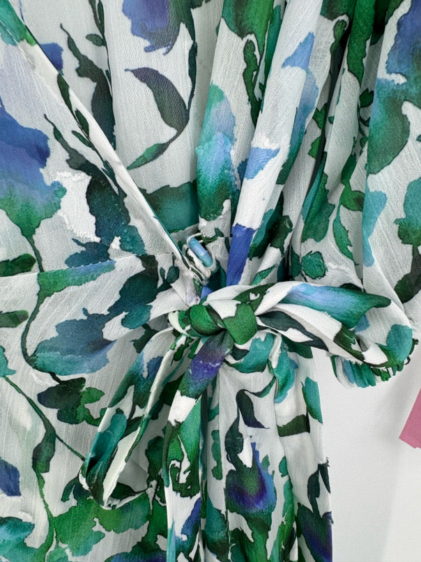 ABBEYGLASS Size XL Green & White Print Wrap Diane Dress w/ Slip NWT
