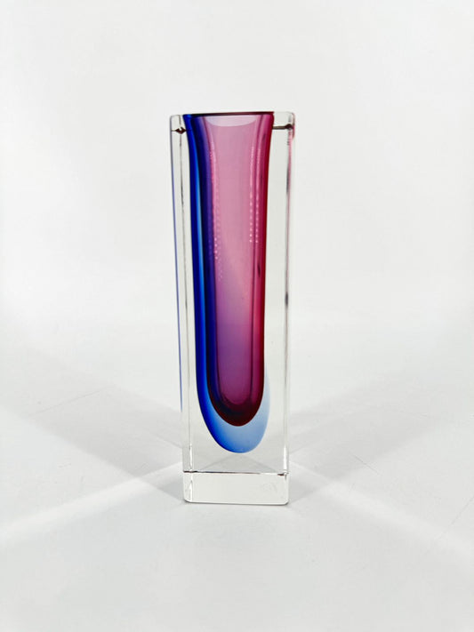 MURANO Red & Blue Clear Glass Square Vase