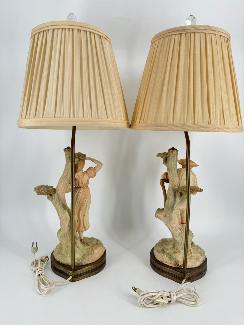 JAMES HADLEY Hand Painted Porcelain English Man & Woman Pair of Lamps
