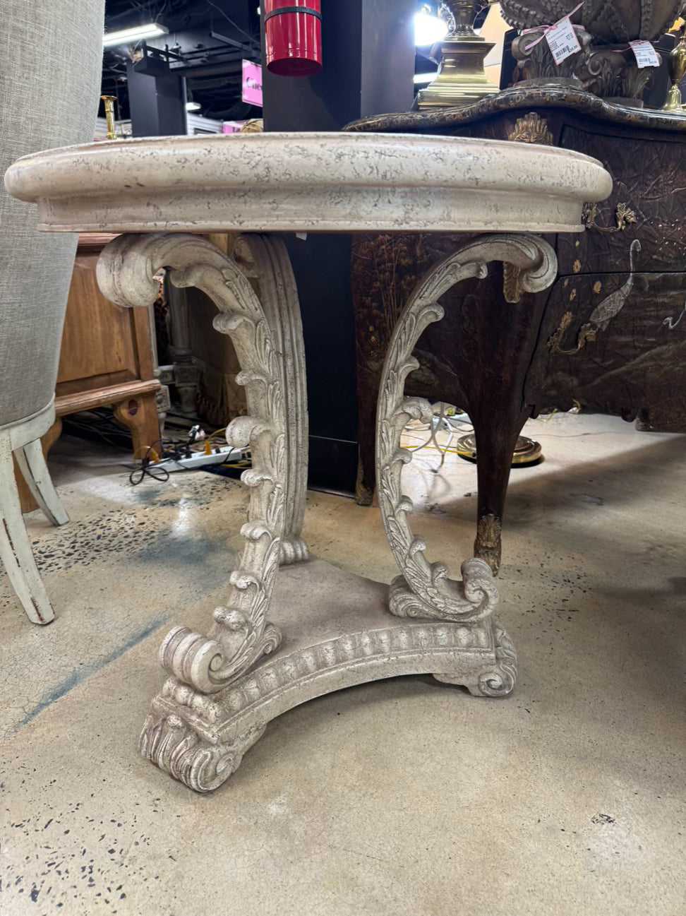 Marble Look Feather Design Pedestal Occasional Table