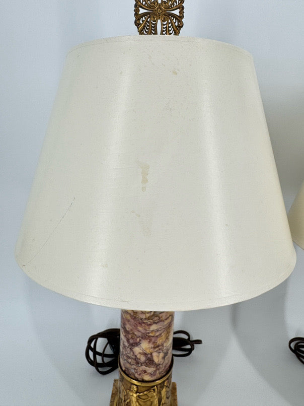 Cream & Pink Marble & Brass Trim Neoclassical Gladiators Pair of Lamps