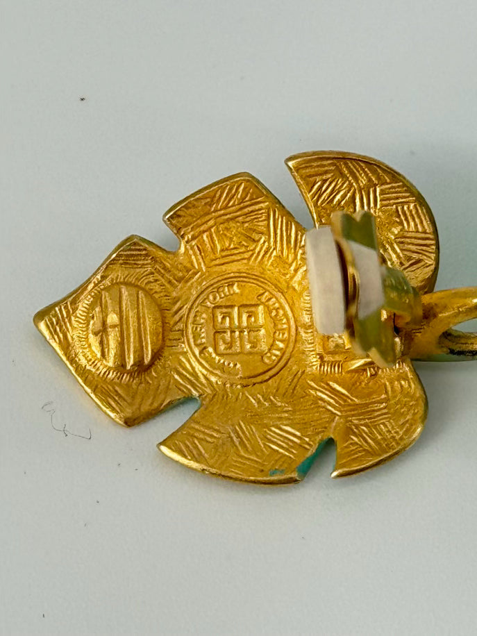 GIVENCHY Gold Tone Green Leaf Long Beaded Clip On Earrings