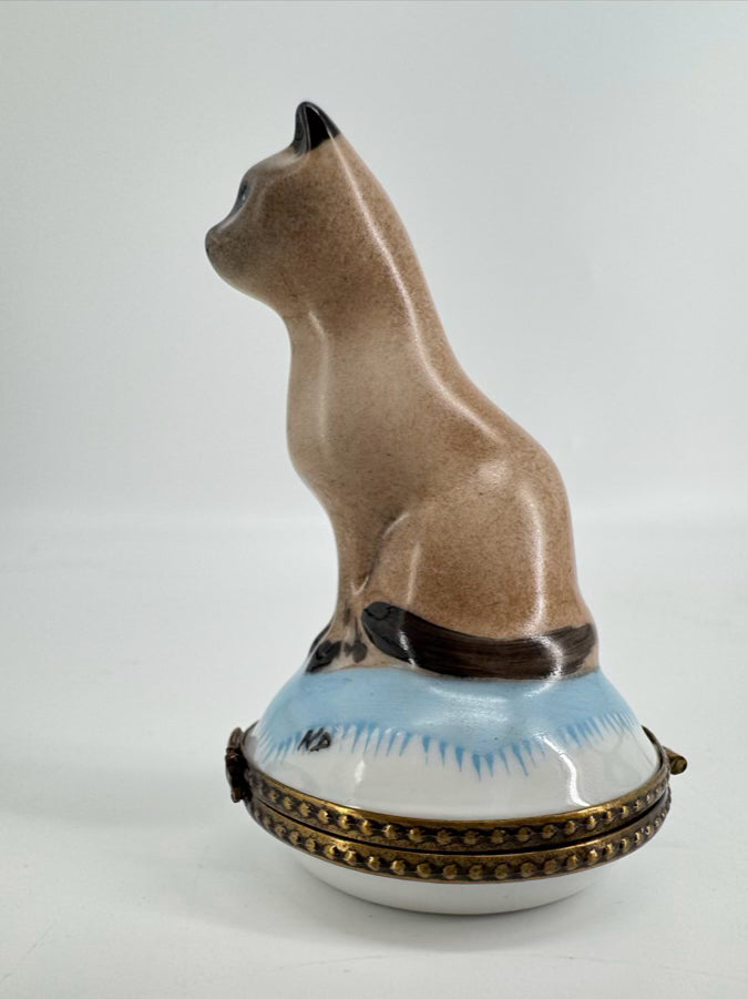 LIMOGES Gray & Blue Siamese Cat Ceramic Trinket Box