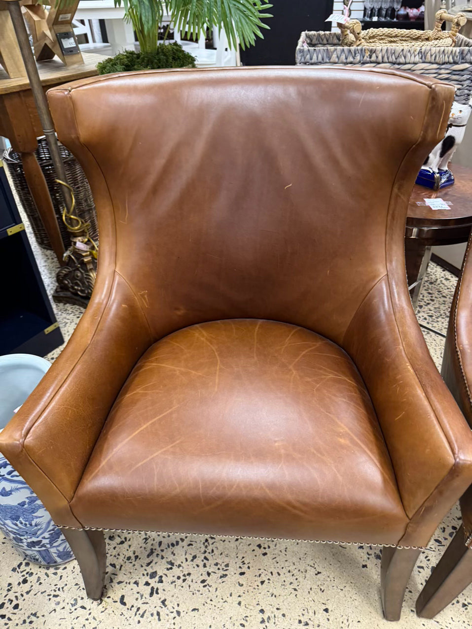 WILLIAMS SONOMA Caramel Leather Nailhead Pair of Chairs