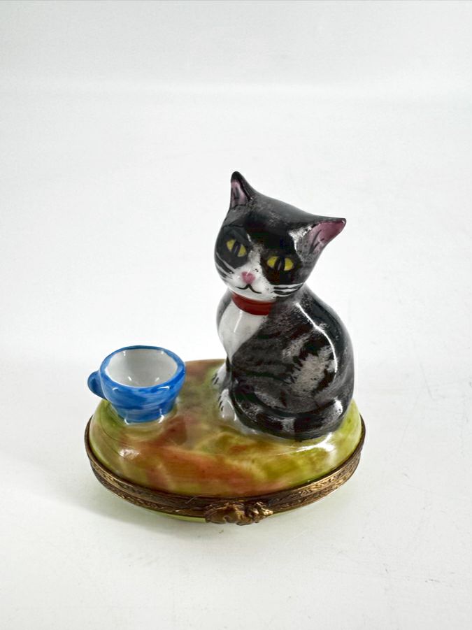 LIMOGES Black, Blue & Green Cat & Mug Ceramic Trinket Box