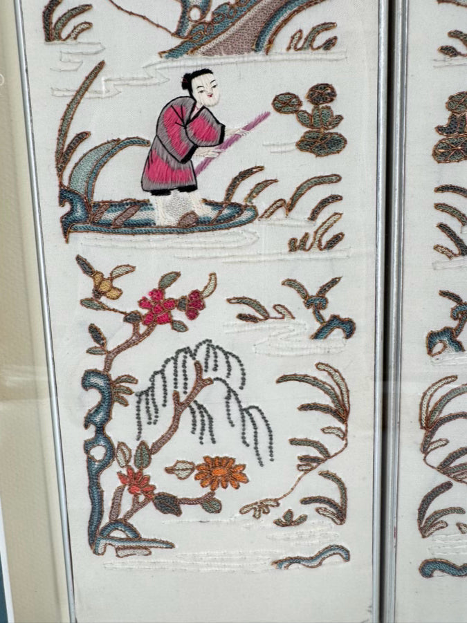 Cream Needlework Embroidered Silk Panels in Brushed Silver Shadow Box Frame
