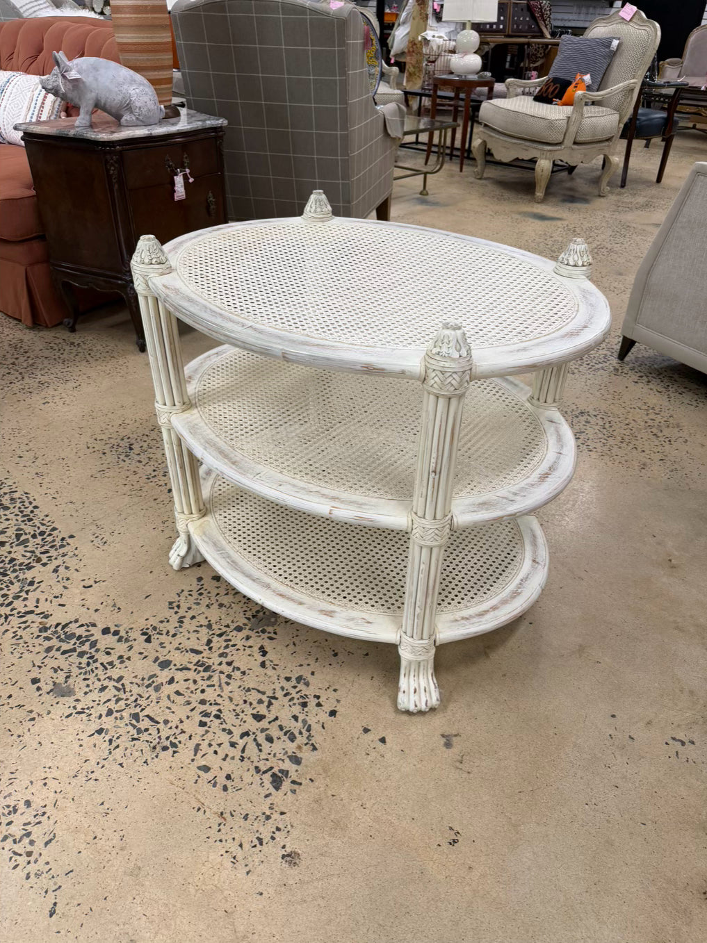 White Wood Occasional 3 Tier Table w/ Cane Shelves