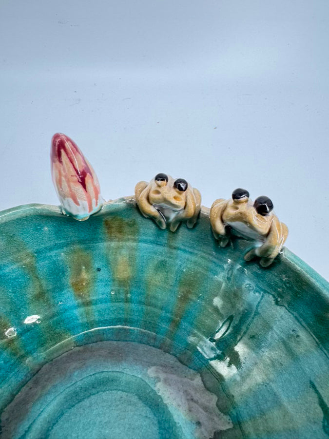 Green & Tan Pottery Frogs Small Bowl