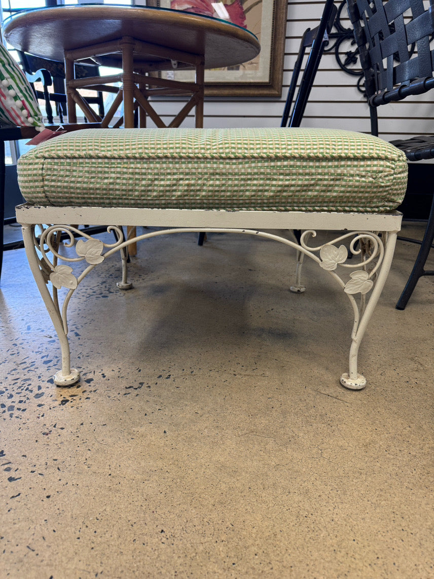 VINTAGE White & Green Wrought Iron Check Upholstered Ottoman