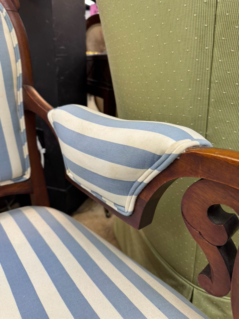 ANTIQUE Wood & Blue & White Stripe Upholstery Victorian Love Seat