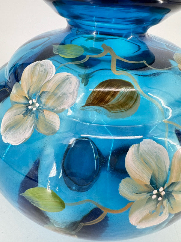 FENTON S. BRYAN Blue Glass Hand Painted Flowers Vase