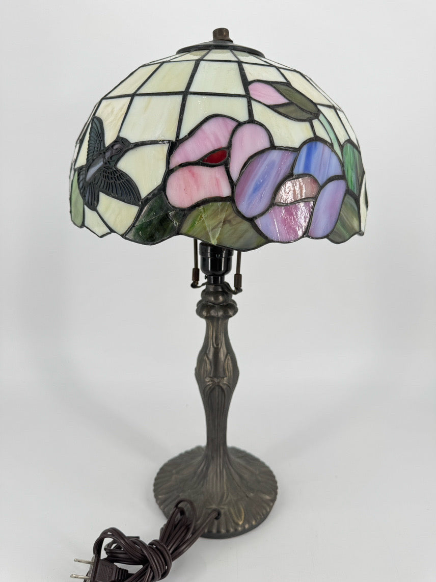 Purple & Green Glass & Metal Hummingbird Tiffany Style Lamp