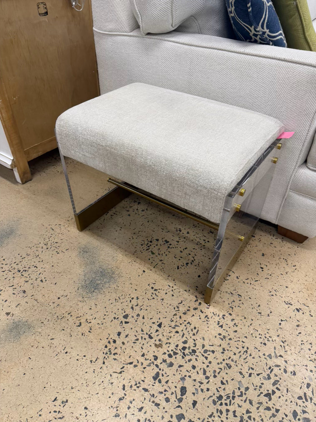 Lucite & Brass Stool w/ Cream Fabric