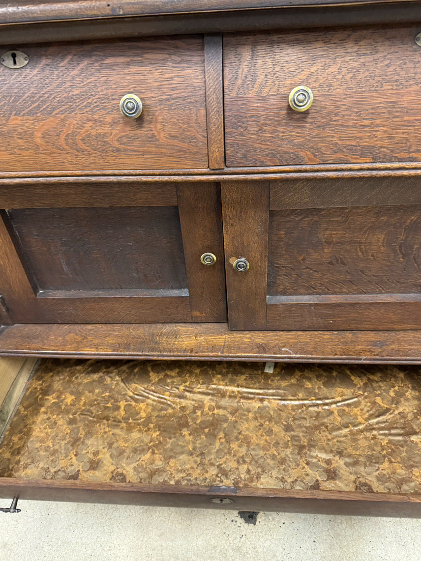 ANTIQUE Oak Mirror-Back 2-Tier Buffet