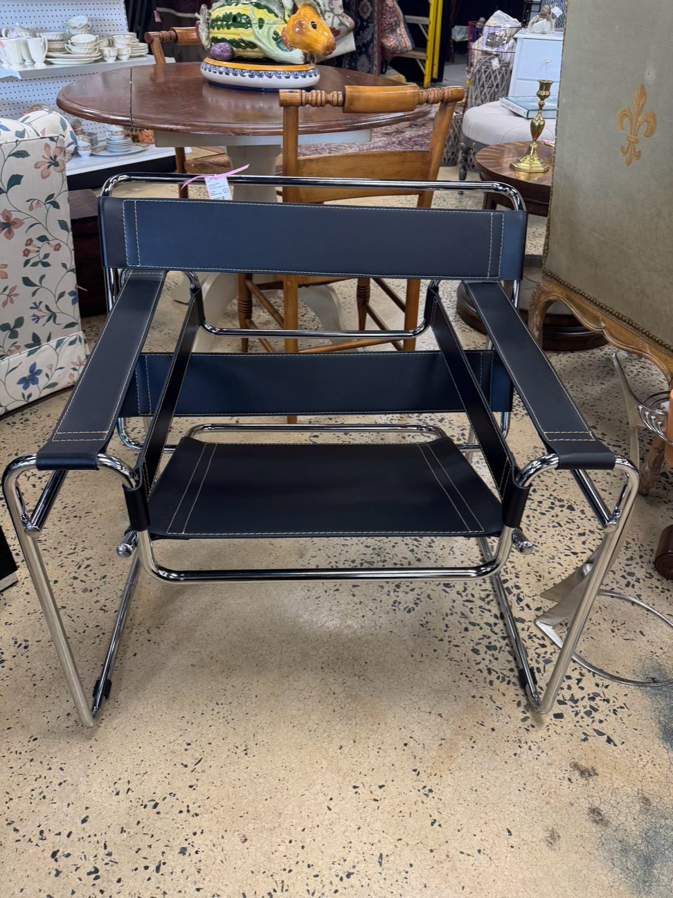 Silver & Black Metal & Faux Leather Mid Century Modern Chair