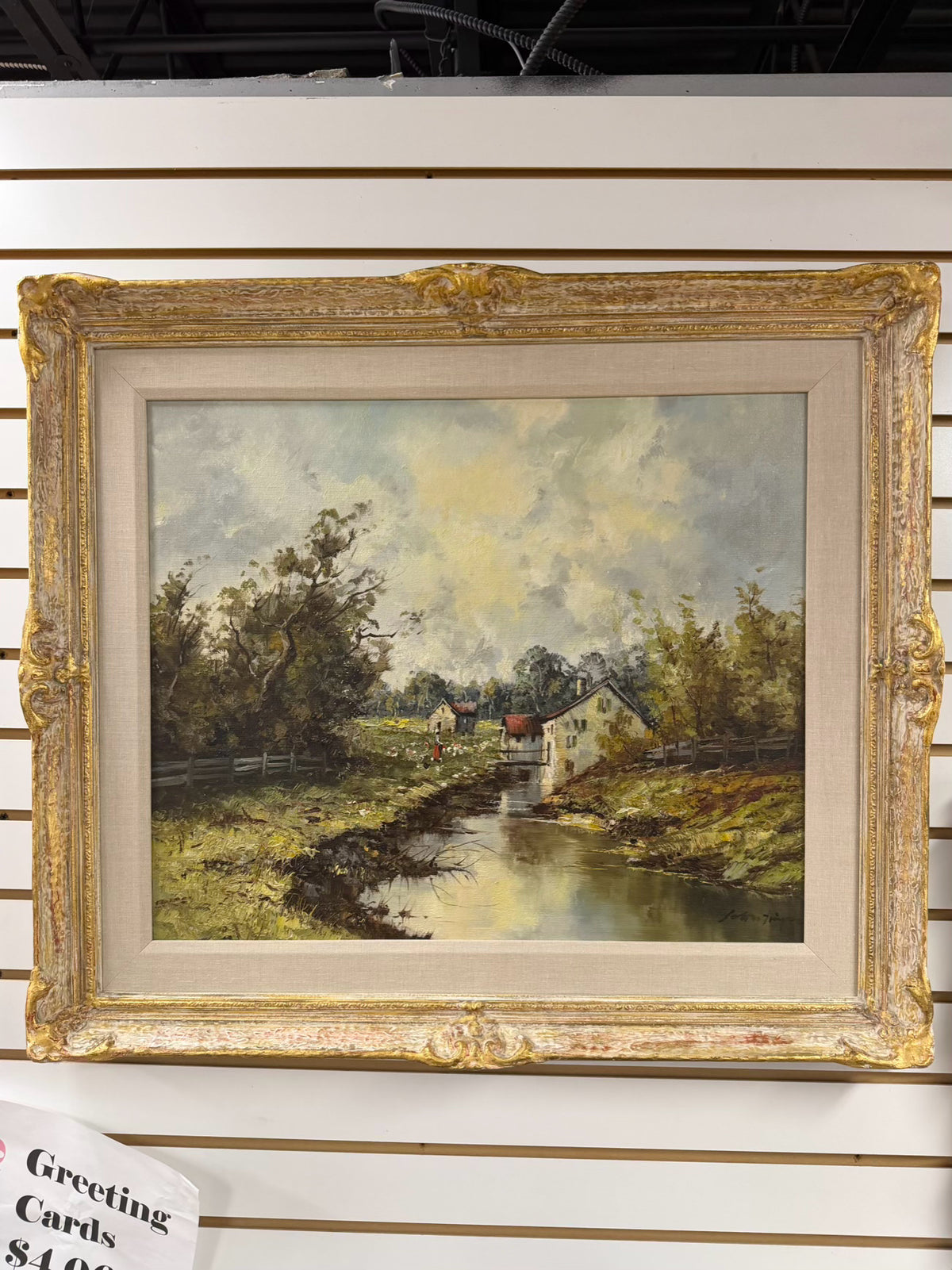 SIGNED Rural Country Landscape Painting In White Wash Vintage Frame