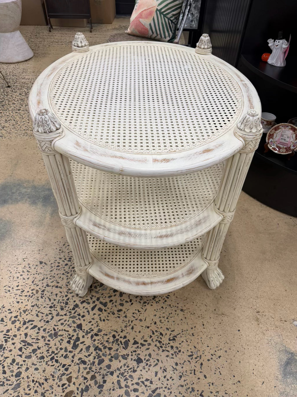 White Wood Occasional 3 Tier Table w/ Cane Shelves