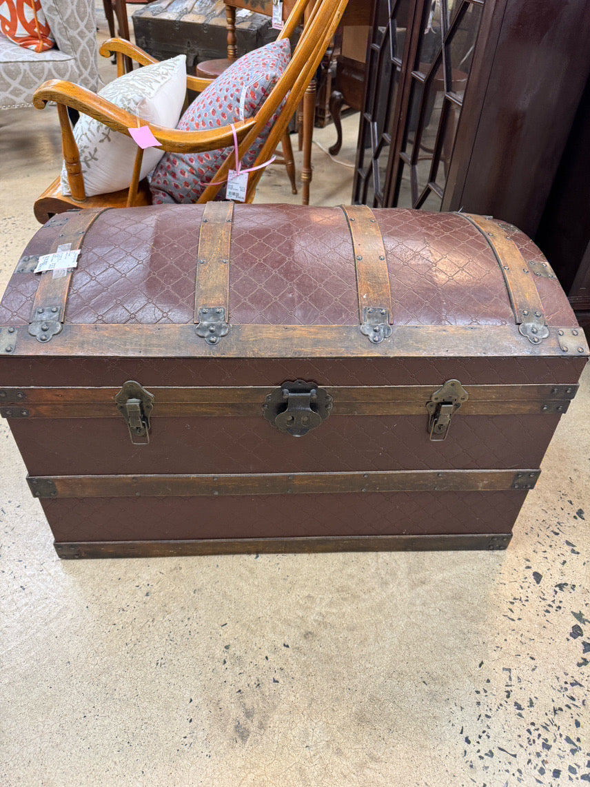 ANTIQUE Wood & Red Leather Rounded Top Trunk