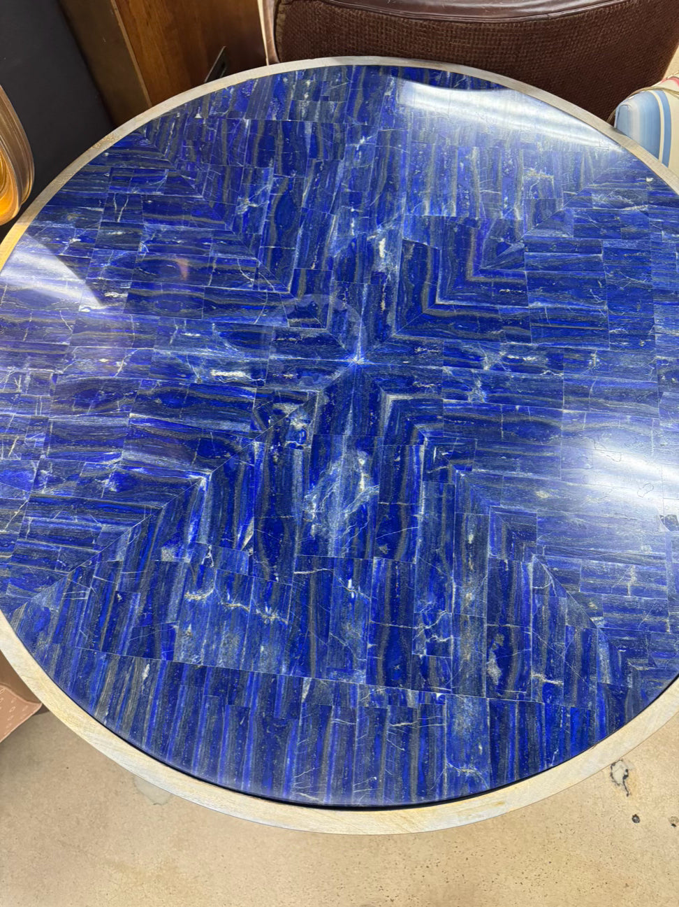 Blue Lapis & Wood Round French Occasional Table w/ Intricate Claw Feet