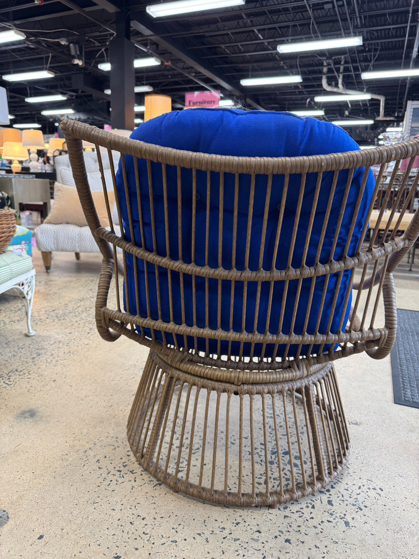 Tan Wicker Chair w/ Blue Cushions