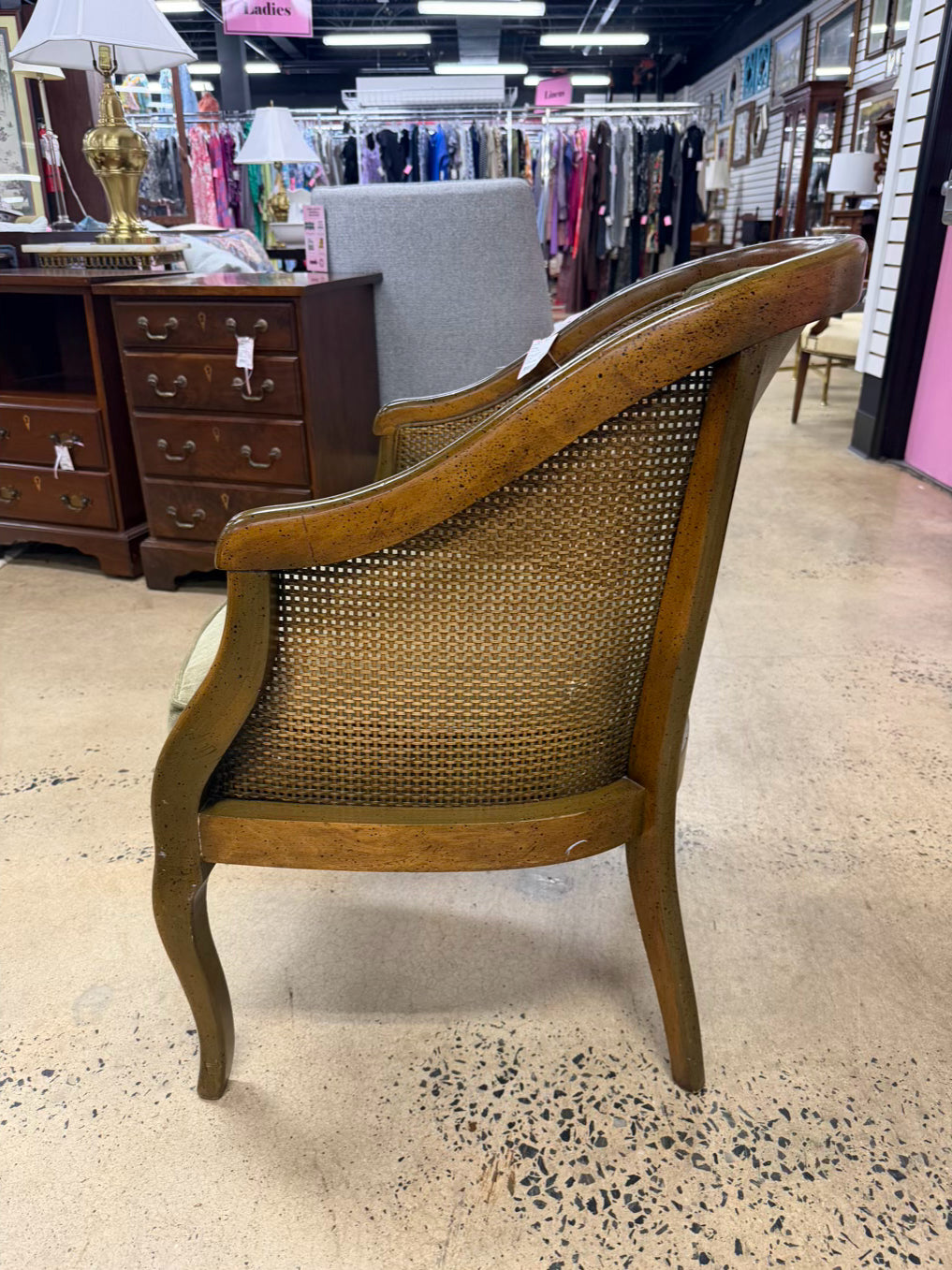 VINTAGE Brown Cane Chair w/ Green Upholstery