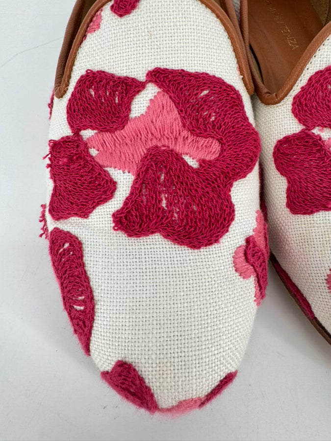 RAMON TENZA Size 7.5 White & Red Embroidered Flats