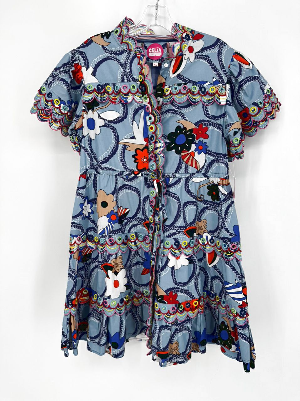 CELIA B Size XL Blue & Multi-Color Scallop Design Dress