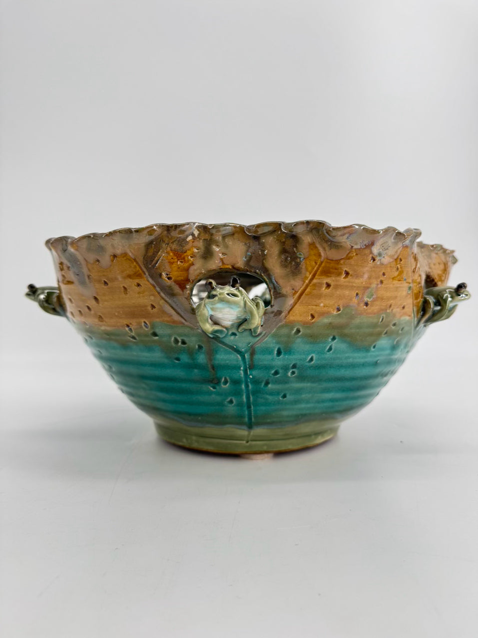 Green & Tan Pottery Frogs Large Bowl