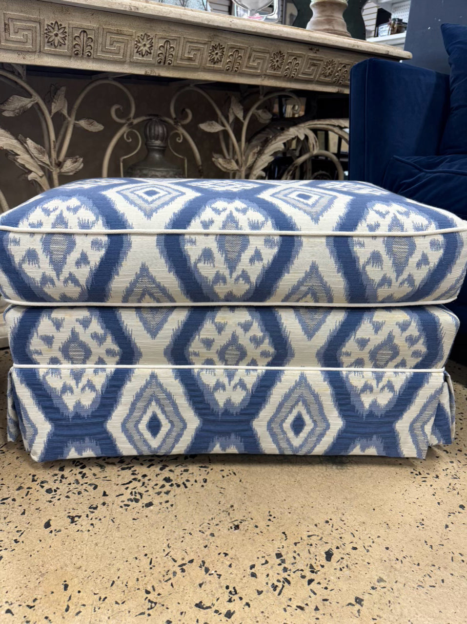 Blue & White Geometric Club Chair & Ottoman