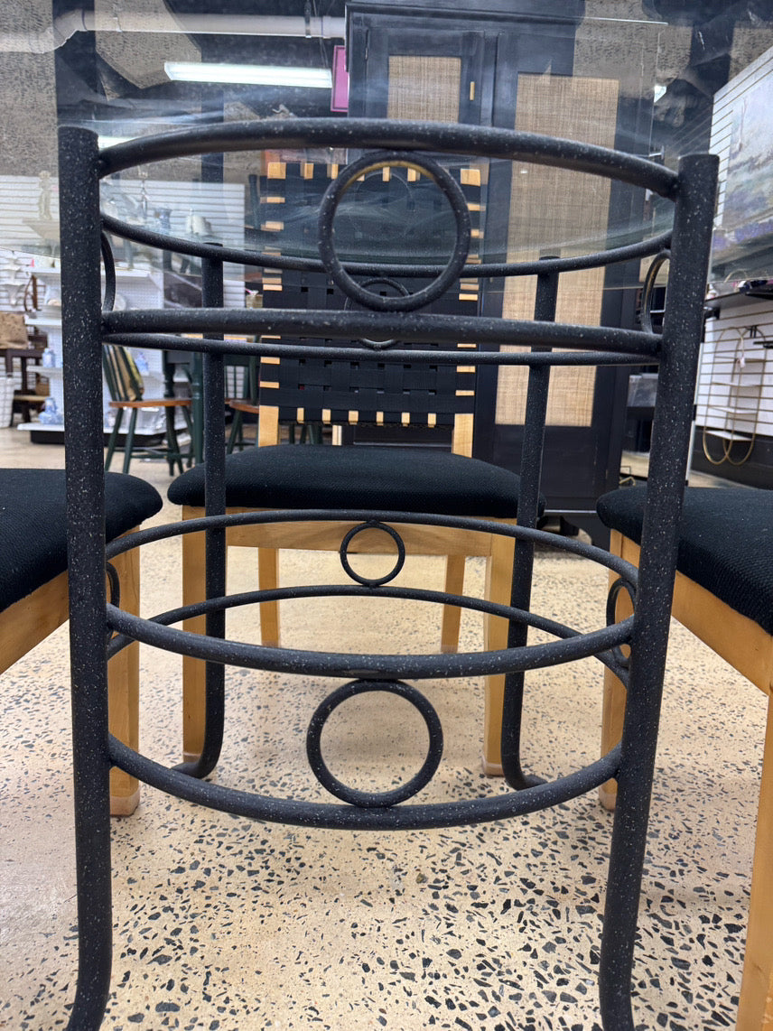 Black Wrought Iron Round Glass-Top Table w/ Set of 4 Wood Upholstered Woven Back Chairs