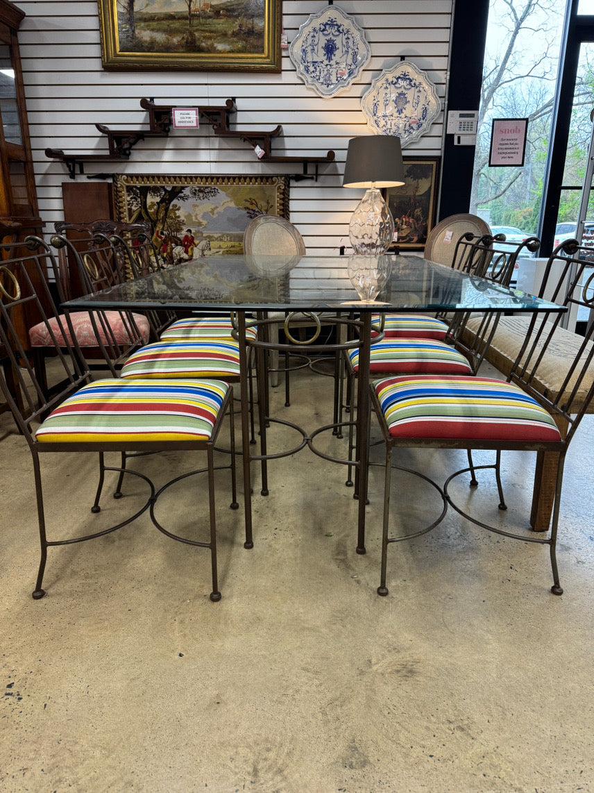Wrought Iron & Glass Table w/ 6 Multicolor Stripe Upholstered Chairs