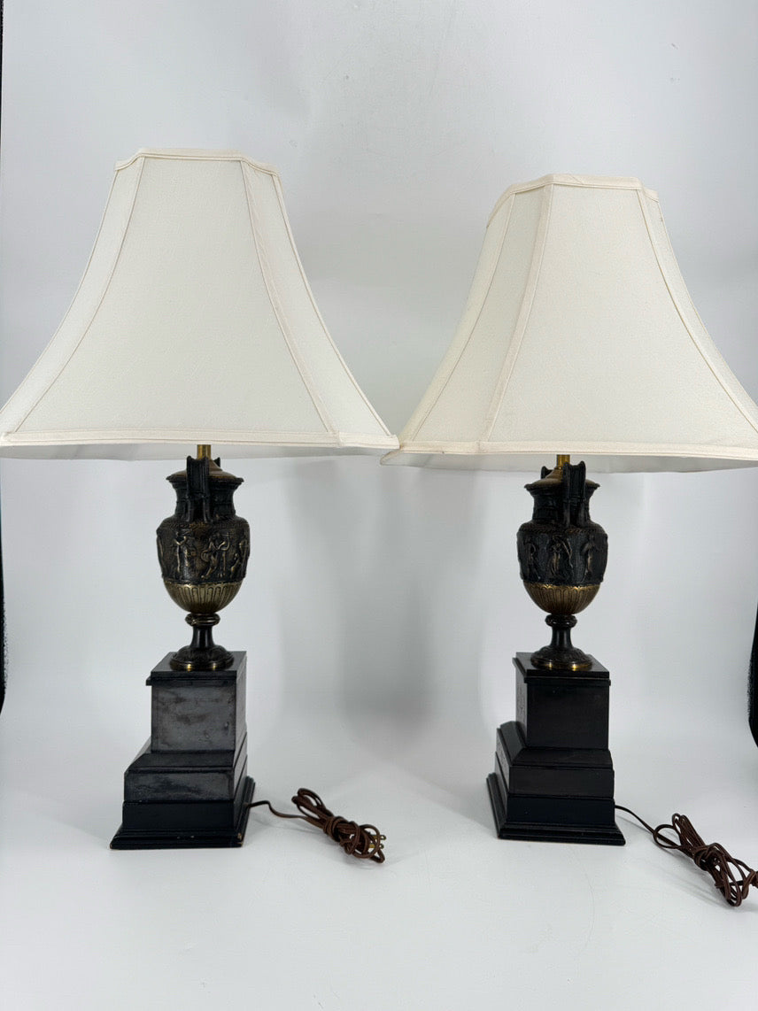 Black Neoclassical Urn Style Figural Pair of Lamps