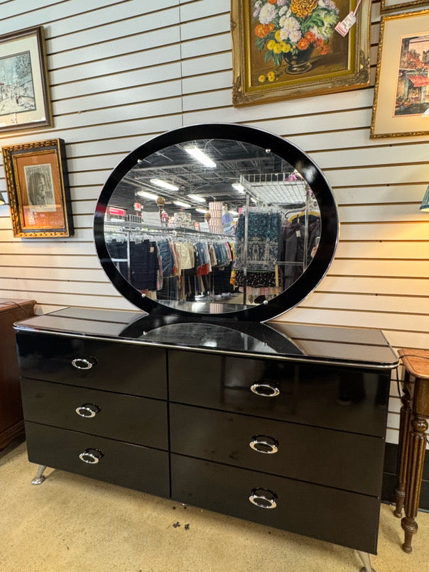 ASHLEY FURNITURE Black Laquer Dresser w/ Oval Mirror