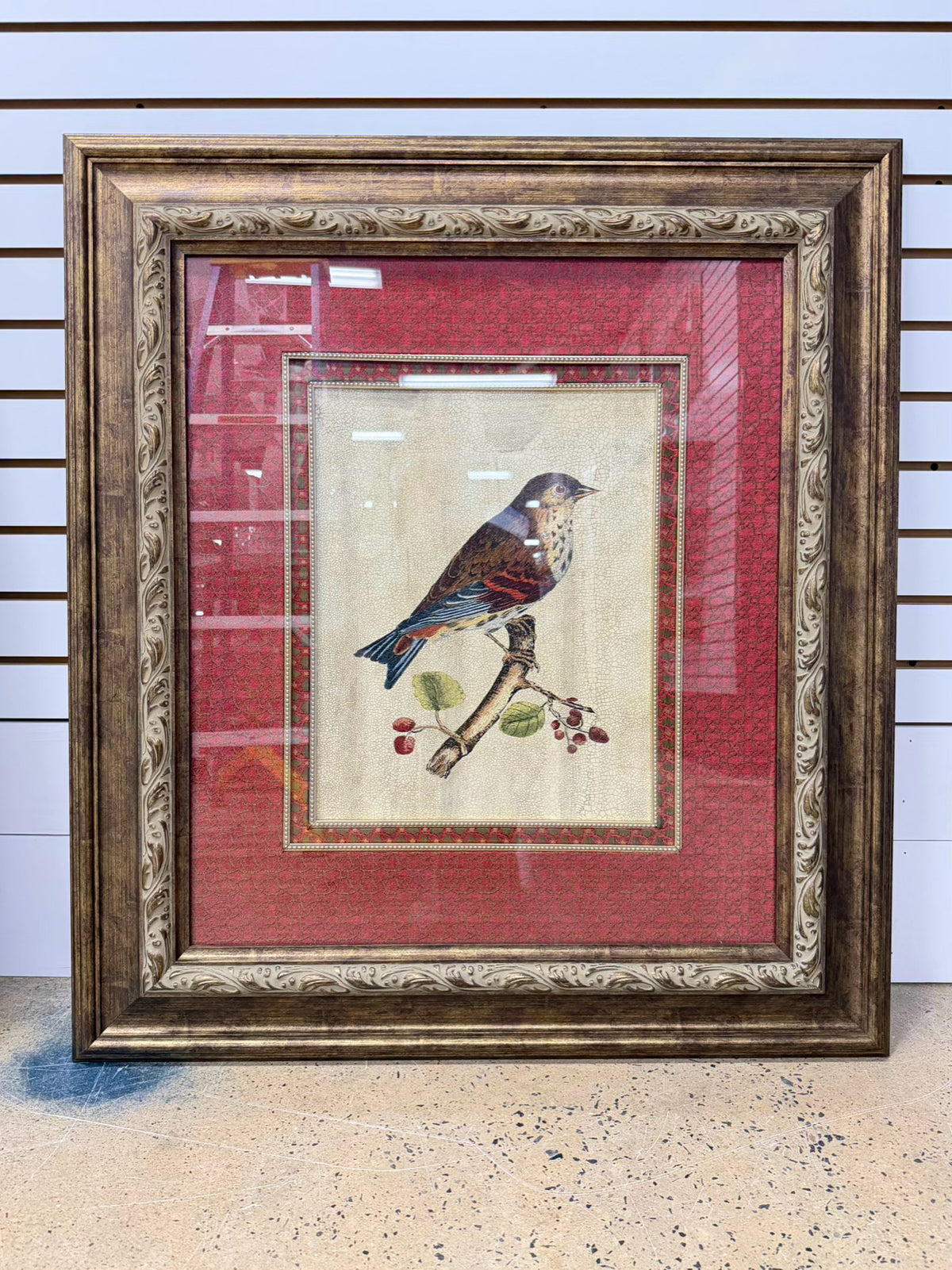 Large Bird Framed Print w/ Brick Colored Fabric Mat