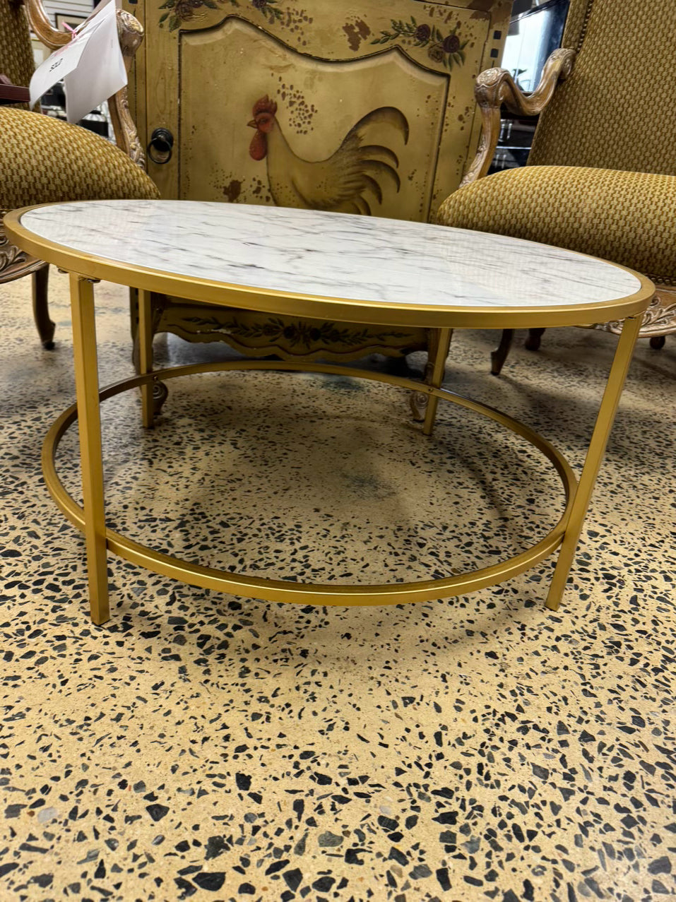 Gold & White Metal & Faux Marble Top Round Coffee Table