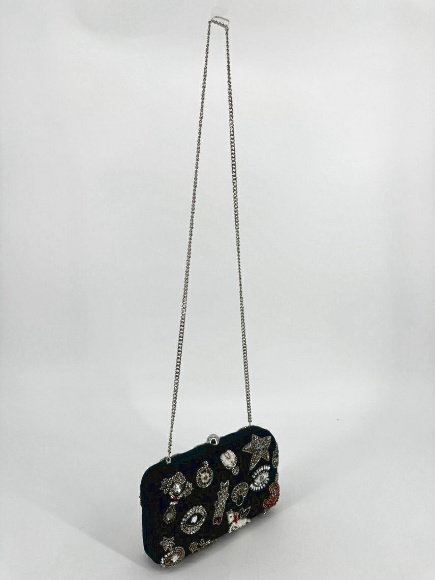 TIANA Black Beaded Eyes Clutch Bag w/ Crossbody Strap