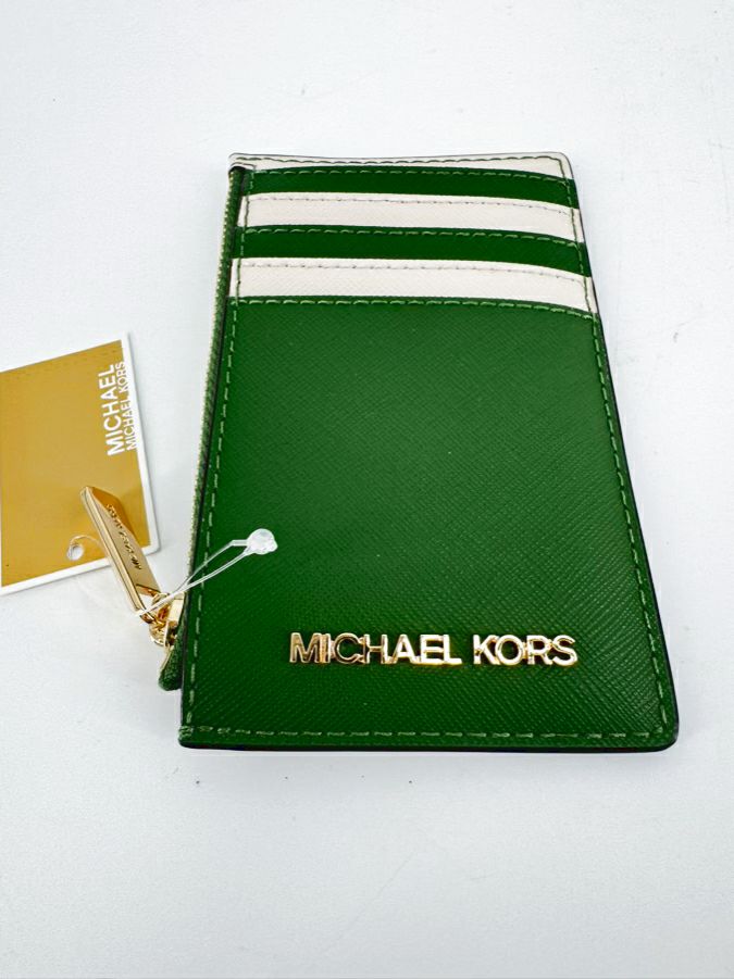 MICHAEL KORS Green & Cream Jet Set Travel Card Case NWT
