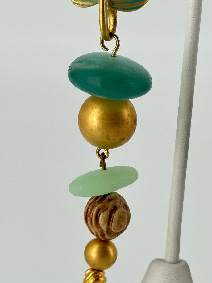 GIVENCHY Gold Tone Green Leaf Long Beaded Clip On Earrings