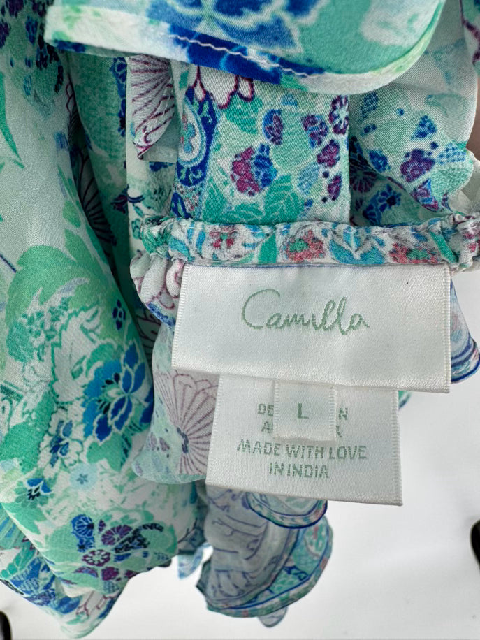 CAMILLA Size L Teal Floral Jeweled Silk Romper
