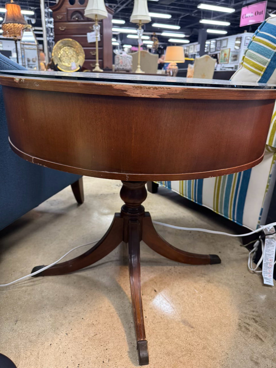 VINTAGE Wood & Leather Round Glass-top Occasional Table