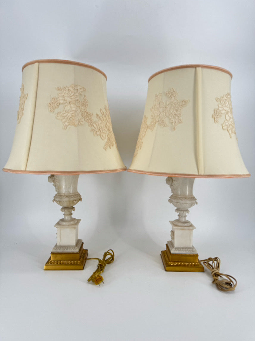 White Carved Alabaster w/ Brass Trim & Lace Embroidered Shade Pair of Lamps