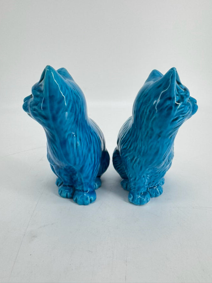 VINTAGE Blue Ceramic Pair of Cat Figurines