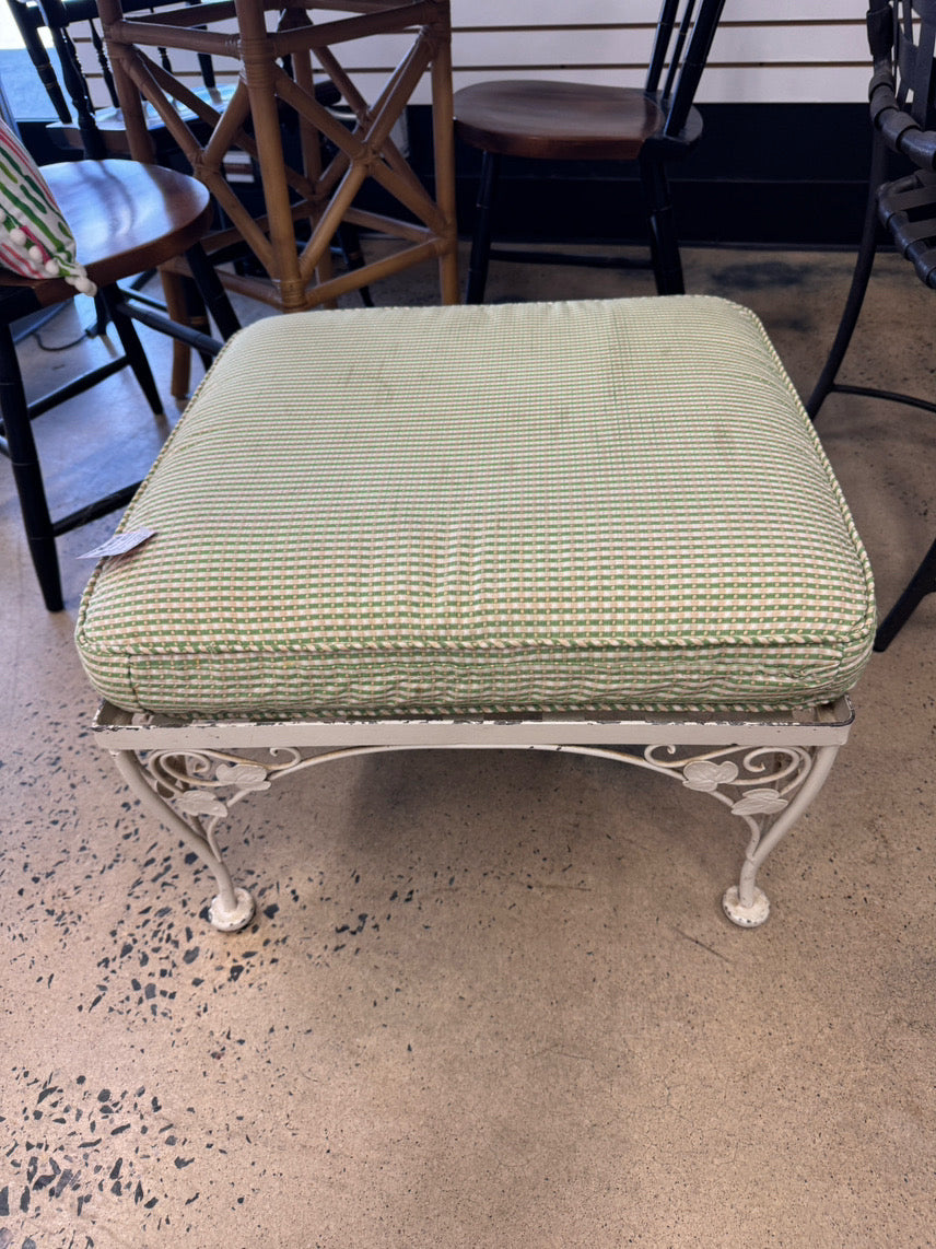 VINTAGE White & Green Wrought Iron Check Upholstered Ottoman