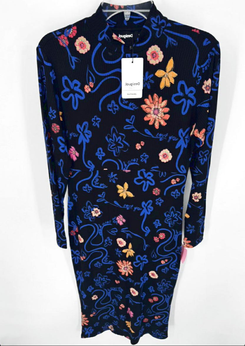 DESIGUAL Size L Black Floral Print Dress NWT