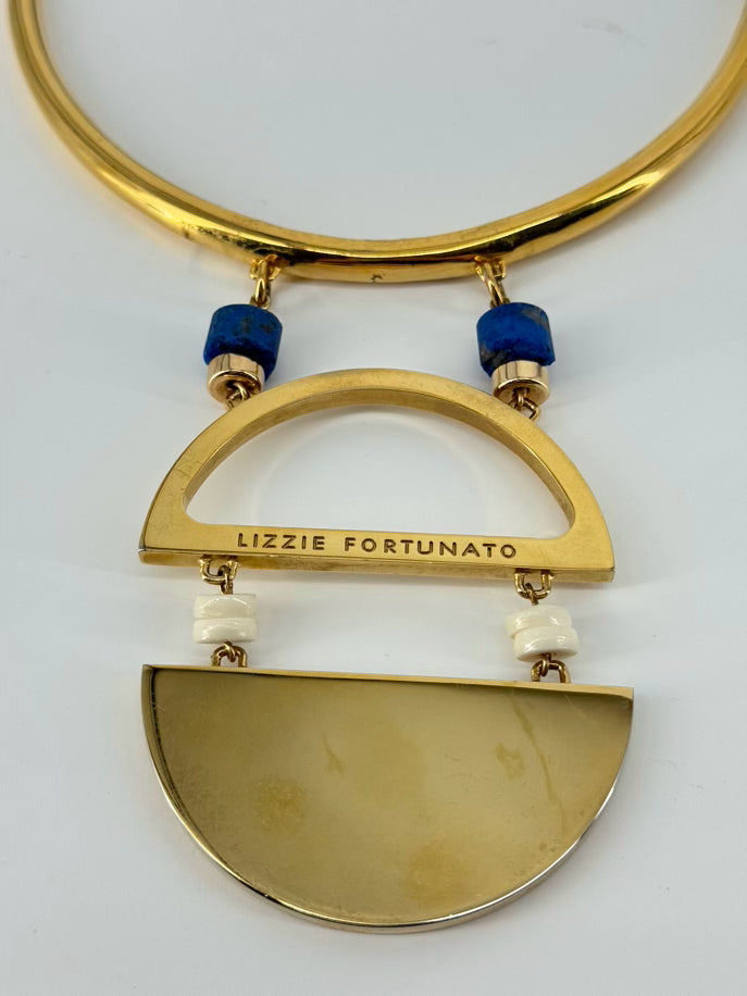 LIZZIE FORTUNADO Red, Blue, & Gold Tone Geometric Statement Necklace