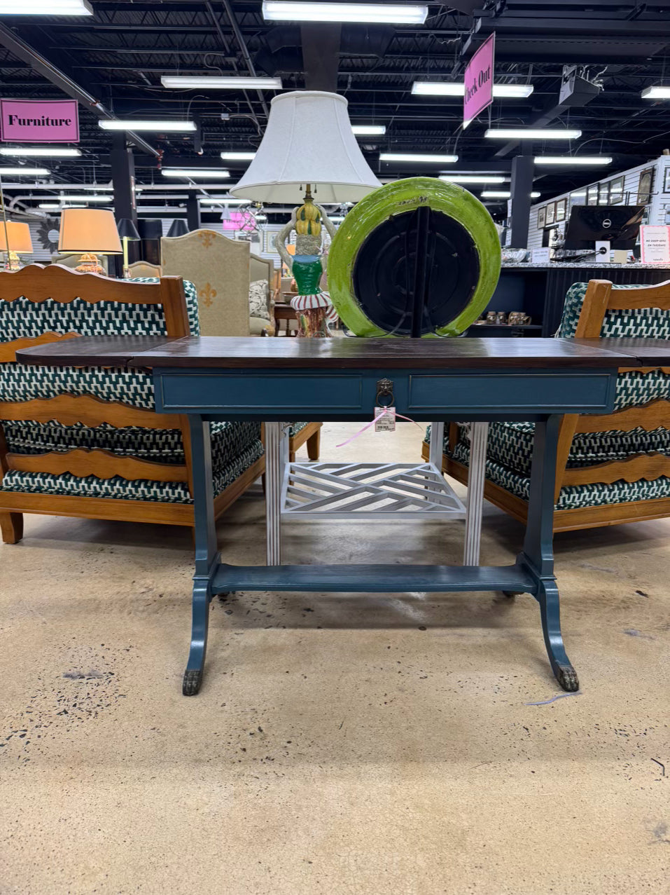 VINTAGE Blue Painted Wood Occasional Table w/ Dropleaf Sides