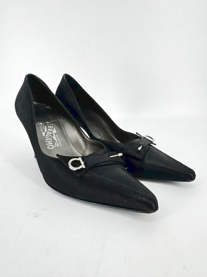 SALVATORE FERRAGAMO Size 8 Black Satin Pumps w/ Pin Detail