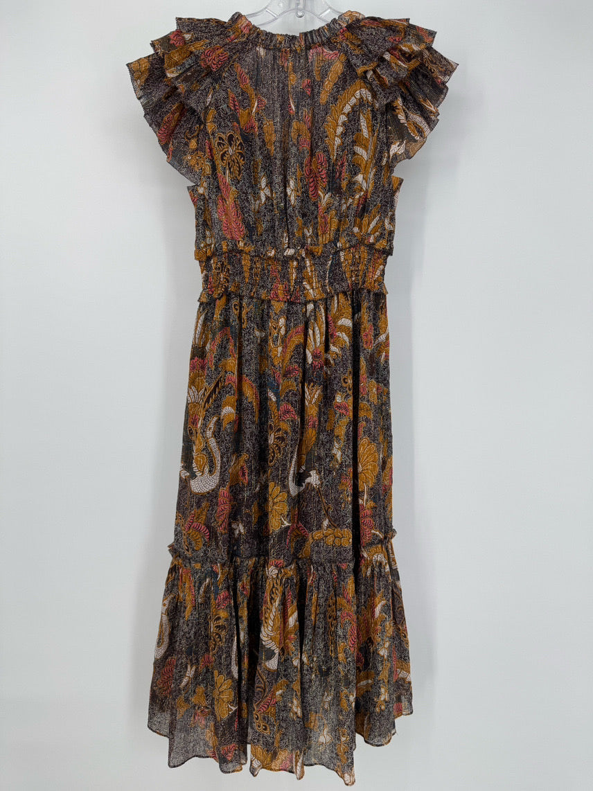 ULLA JOHNSON Size 4 Brown & Gold Floral Dress